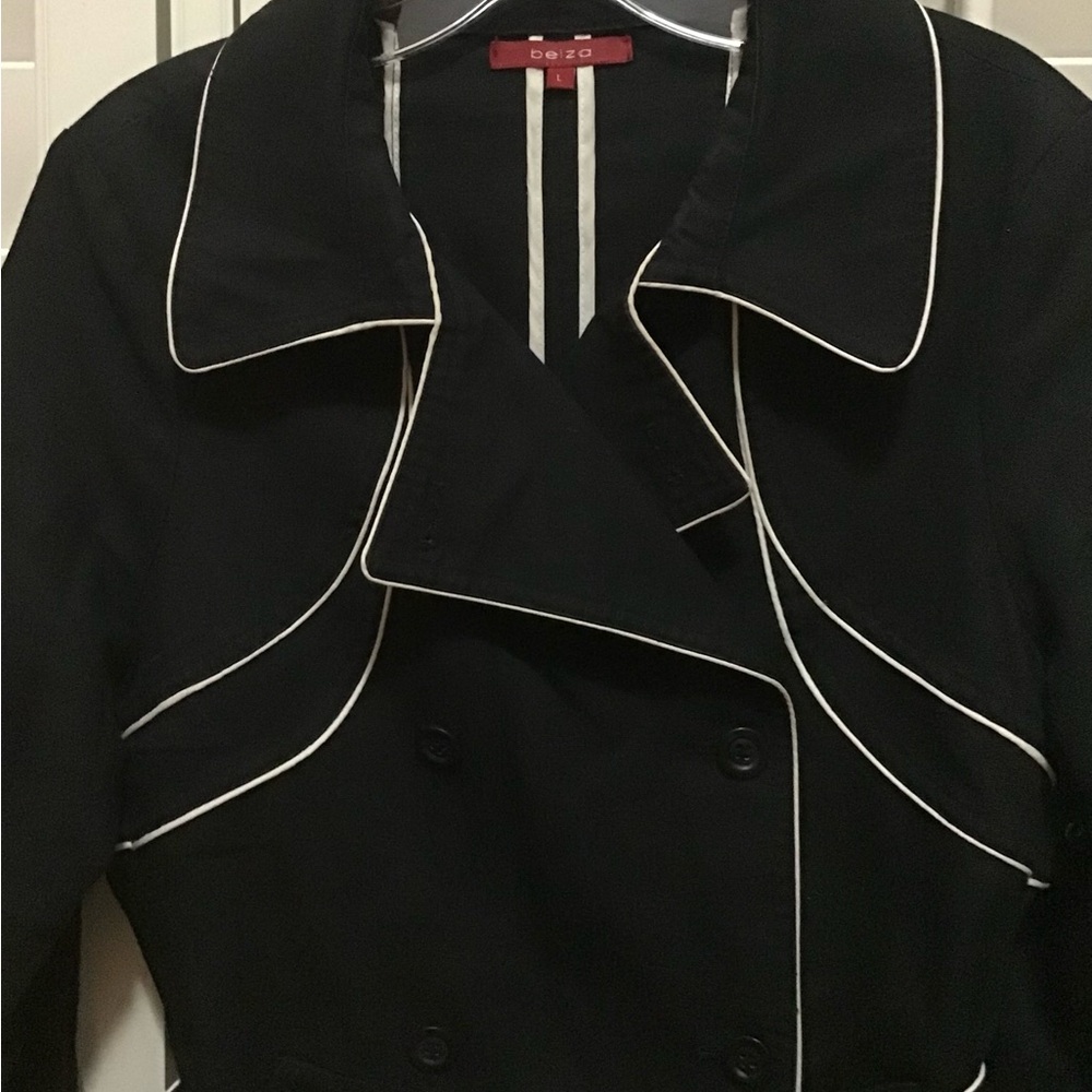 Women's Black Pea Coat with White Piping